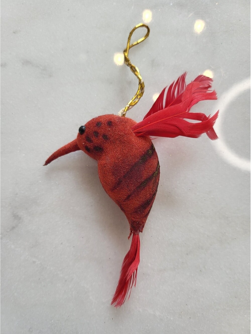 Vintage 1970s Christmas Ornament 4" Red Feathered Humming Bird Flying A32